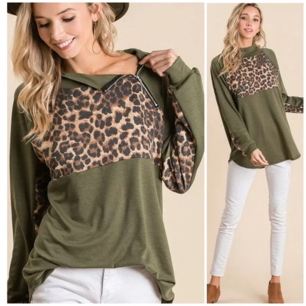 Olive Leopard Raglan Zipper Pullover Top - Picture 7 of 11